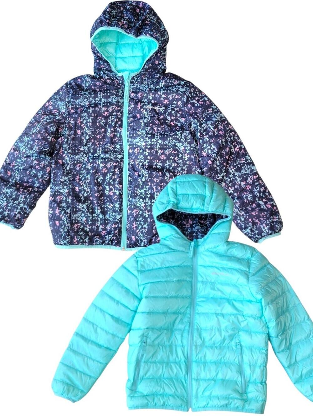 Eddie Bauer Girls Reversible Down Hooded Puffer Jacket Floral Girls Medium 10/12